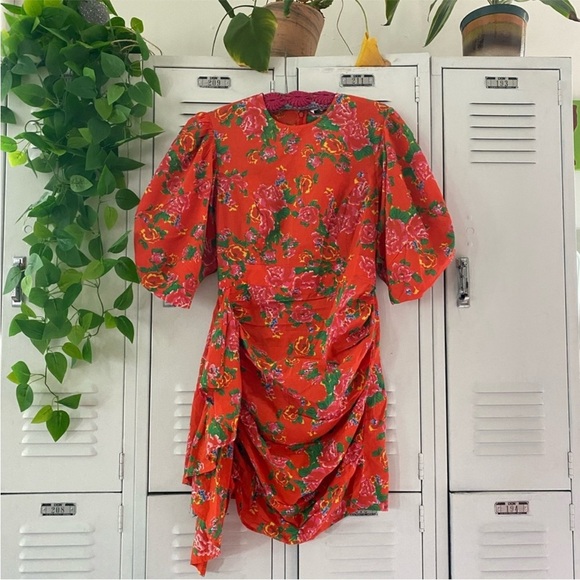 NWOT RHODE Pia Resort Red Floral Puff-Sleeve Ruched Mini Dress Size XS - Picture 13 of 16